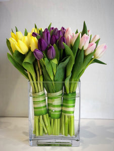tulip arrangement in a glass vase