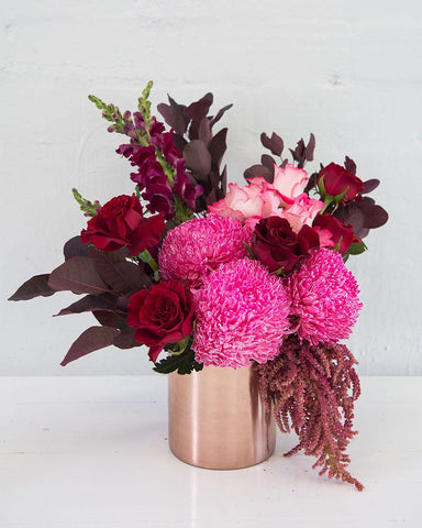 hot pink and red flowers rose gold vase